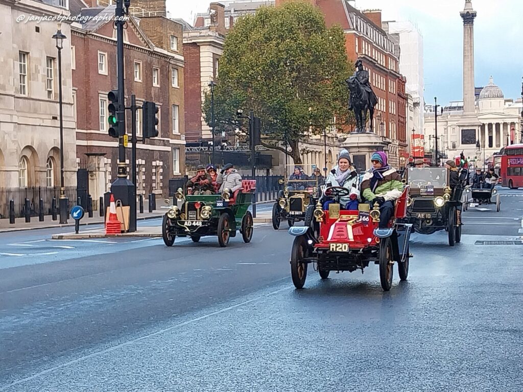 London To Brighton Antique Car Run 2023 Entry List - cars on Whitehall and Trafalgar Square, London