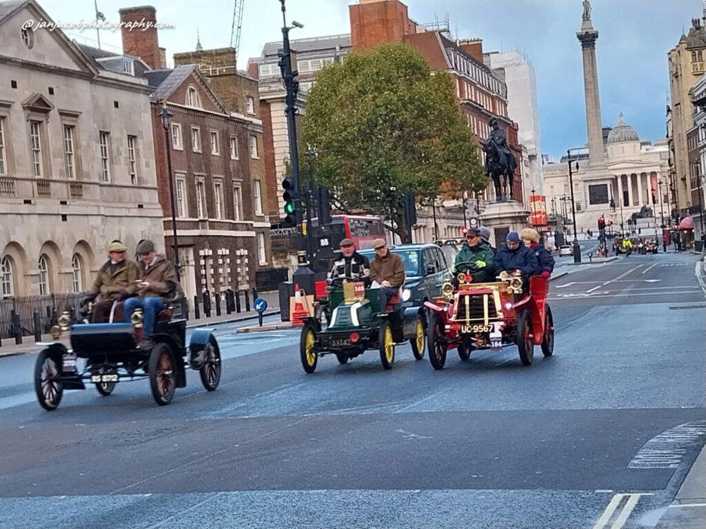 London To Brighton Antique Car Run 2023 Finishers - cars on Whitehall and Trafalgar Square, London