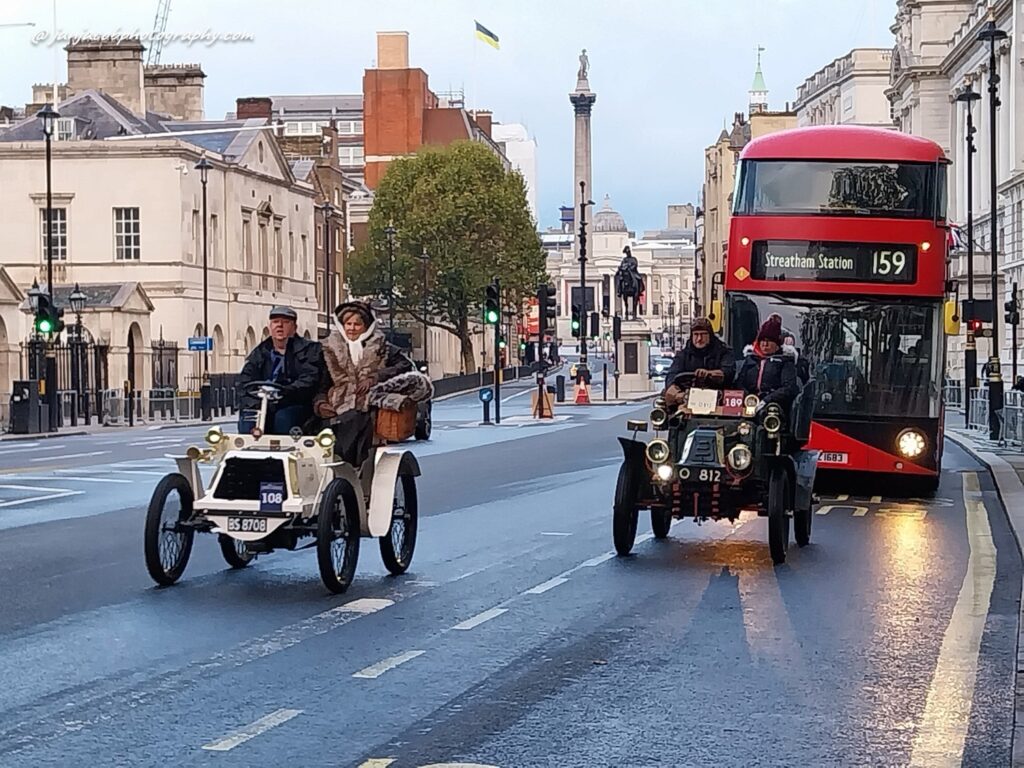London To Brighton Old Cars 2023 - cars on Whitehall and Trafalgar Square, London