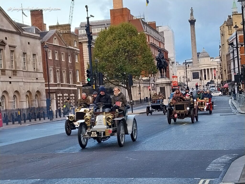 When Is The London To Brighton Veteran Car Run 2023 - cars on Whitehall and Trafalgar Square, London